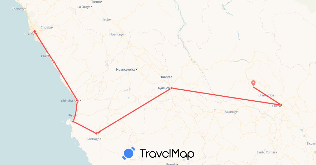 TravelMap itinerary: driving, hiking in Peru (South America)